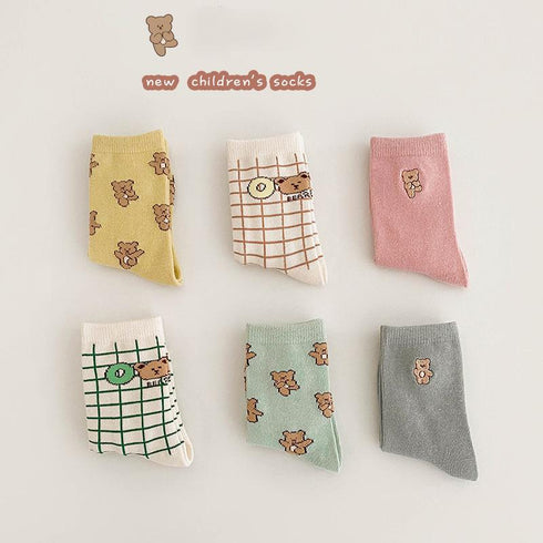 Embroidered letters baby bear socks color matching socks (three pairs)